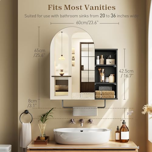 Arched Bathroom Medicine Cabinet Mirror with Storage, Modern Arch Mirrored Cabinets, Wall-Mounted Vanity with 2 Adjustable Shelves & Towel Bar, Not Recessed, Black - color: Black