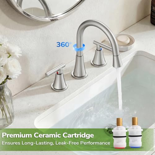 8 Inch Pull Out Sprayer Bathroom Faucet 3 Hole, Widespread 2 Handle Sink Faucet with Pop Up Drain and Supply Lines, Stainless Steel for Vanity, RV, Brushed Nickel - color: Brushed Nickel, size: 8 IN