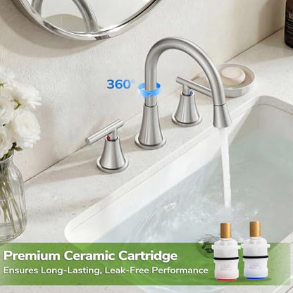 8 Inch Pull Out Sprayer Bathroom Faucet 3 Hole, Widespread 2 Handle Sink Faucet with Pop Up Drain and Supply Lines, Stainless Steel for Vanity, RV, Brushed Nickel - color: Brushed Nickel, size: 8 IN