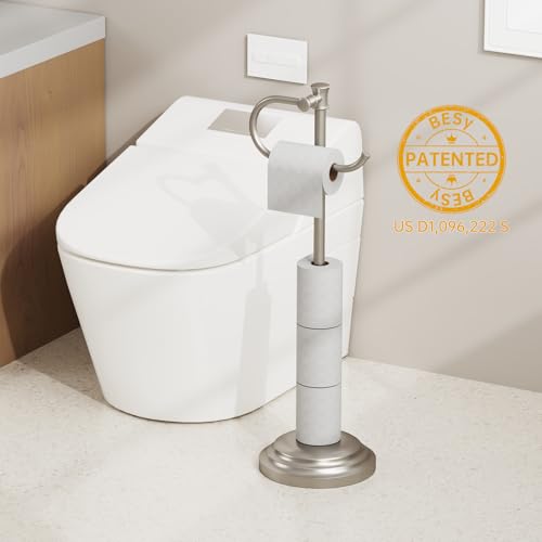 Toilet Paper Holder Floor Stand, Bathroom Freestanding Nickel | Toilet Tissue Roll Holder, Free Standing Rack with Storage, Weighted Base Accessories, SUS304 Stainless Steel Rustproof - color: Nickel