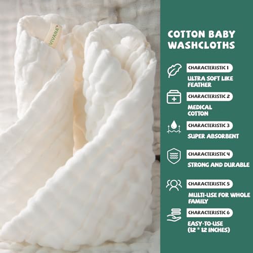 Baby Muslin Washcloths -6 Layer Soft Absorbent Face Towel - Natural Newborn Wipes for Delicate Skin - Baby Registry as Shower - size: 12x12 Inch (Pack of 10)