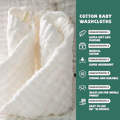Baby Muslin Washcloths -6 Layer Soft Absorbent Face Towel - Natural Newborn Wipes for Delicate Skin - Baby Registry as Shower - size: 12x12 Inch (Pack of 10)