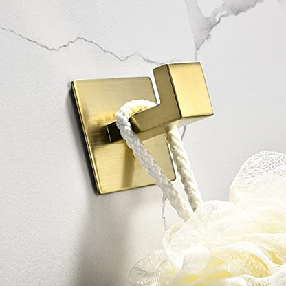 Flybath 2PCS Towel Hooks Self Adhesive SUS 304 Stainless Steel Brushed Gold | Square, No Drill, Strong Hold, Rustproof, Wall Mount, Stylish Coat Robe Shower Hook For Hanging, Kitchen Bathroom Accessories - color: Brushed Gold