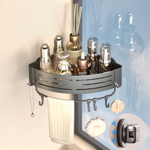 Onemake Corner Shower Caddy with Suction Cups, 1-Pack Shelf for Bathroom | Removable Aluminum Wall Mounted Organizer Shelves, Storage Rack with Towel Bar & Portable Hooks, for Bathroom, Kitchen,Grey - style: 1 Tier-Gray-Triangle Caddy