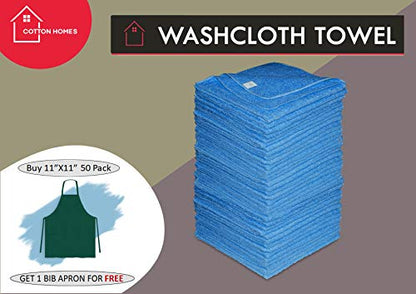 WASHCLOTH Soft Cotton Towels 11"x11" Blue - (50 Pack) with 1 Free Apron, 100% Cotton Rich Fingertip Towels, Cleaning Rags Wash Cloths for Bathroom