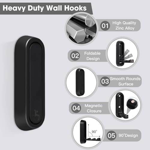 Dntorx Folding Wall Hooks, 2 Pcs Foldable Black Coat Hooks Heavy Duty Foldable Hook Bathroom Towel Hooks Robe Hooks Wall Mounted for Hanging Coat Towels Clothes Hat Bags Keys | 90° Foldable Design, Wall Mounted, Holds Up To 40 Lbs, Screws And Anchors Incl