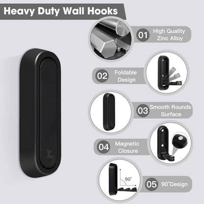 Dntorx Folding Wall Hooks, 2 Pcs Foldable Black Coat Hooks Heavy Duty Foldable Hook Bathroom Towel Hooks Robe Hooks Wall Mounted for Hanging Coat Towels Clothes Hat Bags Keys | 90° Foldable Design, Wall Mounted, Holds Up To 40 Lbs, Screws And Anchors Incl