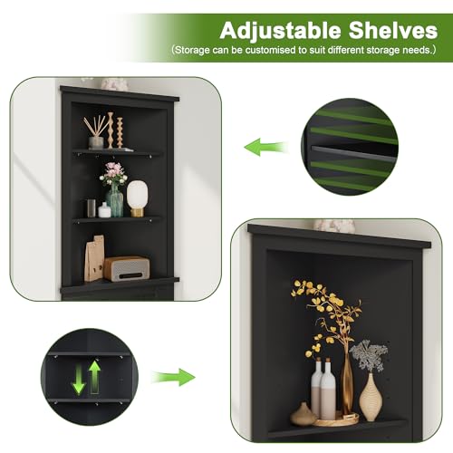 WelFurGeer Tall Corner Cabinet, Black, 68in, Open Shelves with Double Door Storage, Bathroom Linen Tower