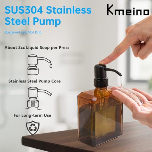 Amber Soap Dispenser Square Bottle and Black Pump, Glass Dish Soap Dispense, Refillable Hand Soap Dispenser with Stainless Steel Pump, 13.5 oz Lotion Dispenser for Bathroom, Kitchen Countertop - color: Amber Bottle With Black Pump, size: 13.5oz-Square