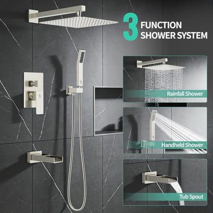 SR SUN RISE 12 Inch All Metal Square Shower System with Tub Spout, Tub Shower Faucet Set, High Pressure Rain Shower Head and Handheld Sprayer Shower Fixtues, Valve Included, Brushed Nickel - color: Brushed Nickel, size: 12 Inch