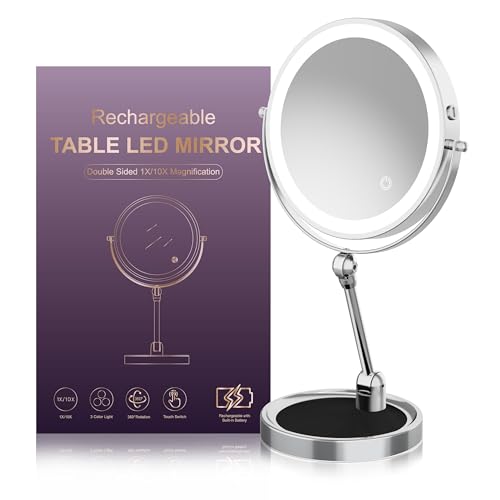 Tabletop Makeup Mirror with Built-in Vanity Tray, 9" Rechargeable 4000mAh Lighted Vanity Mirror 1X/10X Magnification, Height-Adjustable Arm, 3 Color Dimmable (9Inch Chrome) - color: 9inch Chrome
