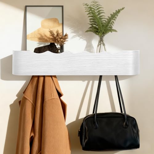 Coat Rack Wall Mount with Shelf Entryway Shelf Modern Key Holder Hanger Wall Shelves with Hidden Hooks for Hanging Towels Coats Hats Bags for Hallway Bathroom Bedroom (Wavy White, 5 Hooks) - color: Wavy White, size: 5 hooks
