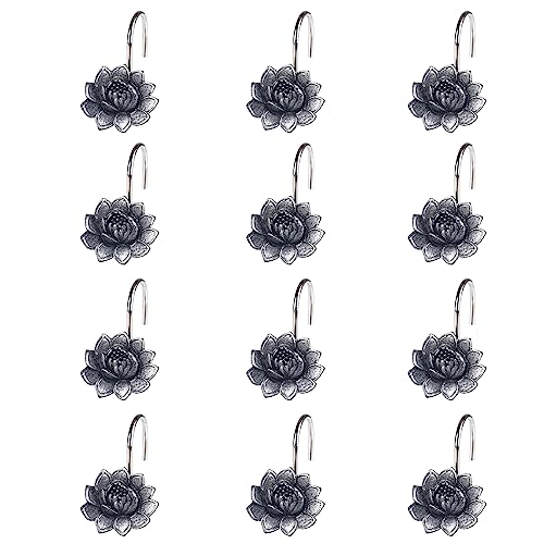 Twofish Home Black Flower Shower Curtain Hooks Anti Rust Shower Curtain Hooks Decorative Resin Black Flower Shower Curtain Rings Set of 12 - color: Black Flower