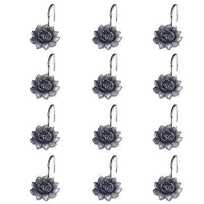 Twofish Home Black Flower Shower Curtain Hooks Anti Rust Shower Curtain Hooks Decorative Resin Black Flower Shower Curtain Rings Set of 12 - color: Black Flower