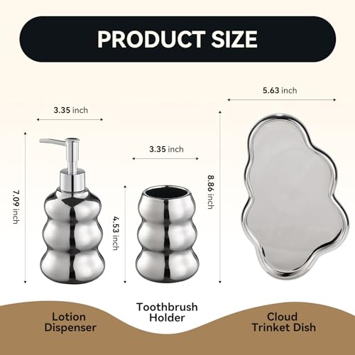 Silver Bathroom Accessory Set, 3-Piece Ceramic Bath Accessories Set with Tray, Lotion Dispenser, and Tumbler - color: Silver
