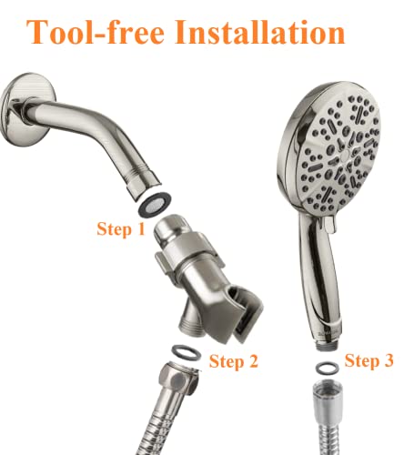 High Pressure Shower Head with Handheld - 5 Spray Settings High Flow Detachable Rain Shower Heads with 60” Extra-long Stainless Steel Hose and Adjustable Bracket with Brass Joint – Brushed Nickel - color: Brushed Nickel, style: 5 Modes