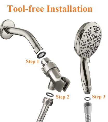 High Pressure Shower Head with Handheld - 5 Spray Settings High Flow Detachable Rain Shower Heads with 60” Extra-long Stainless Steel Hose and Adjustable Bracket with Brass Joint – Brushed Nickel - color: Brushed Nickel, style: 5 Modes