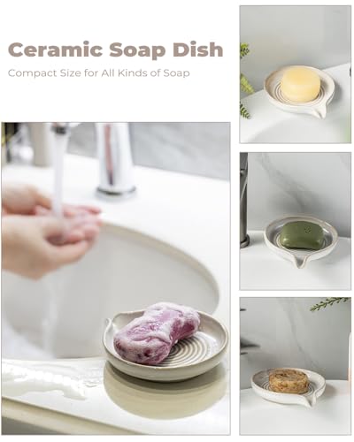 Zoeeker Soap Dish with Drainage, Ceramic Self Draining Bar Soap Holder | Bar Soap Saver with Waterfall Design Round Soap Tray for Shower Bathroom Kitchen Sink Bathtub, Keep Bar Soap Dry, Beige White - color: Beige White, size: Round