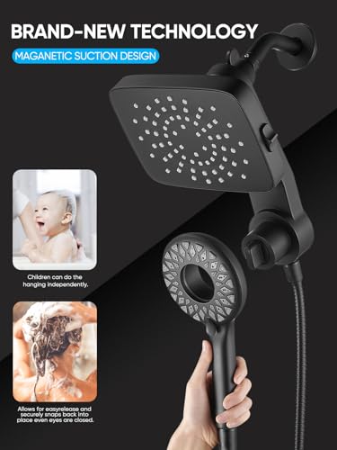 Cobbe® Dual Shower Head with Magnetic Handheld, Matte Black | Rain Shower Combo, 2-in-1 Fixed & Detachable, Multiple Spray Modes, Built-in Magnet Dock, 6ft Hose - color: Black