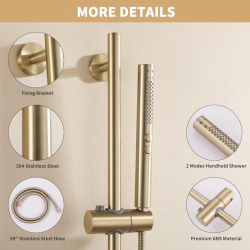 Shower Slide Bar with Handheld Sprayer 2 Modes Handle Shower 59" SUS304 Stainless Steel Hose Shower Height and Angle Adjustable Wall Mounted Bathroom Shower System Remodel Hardware Brushed Gold - color: Brushed Gold-Round