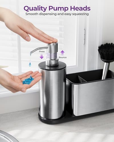 Kitchen Sink Caddy Organizer Stainless Steel Dish Soap Dispenser Set-3 in 1 | Kitchen Soap Dispenser,Sponge Holder for Kitchen Sink with Dish Brush,Dish Brush Holder-Rustproof,Multifunctional