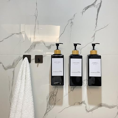 Shampoo and Conditioner Dispenser, No Drill, 16 Waterproof Labels | Shampoo Dispenser for Shower Wall, Shower Soap Dispenser Wall Mounted 3 Chamber, Bathroom, 17oz, Bamboo Black - color: Black Bottle + Bamboo Pump