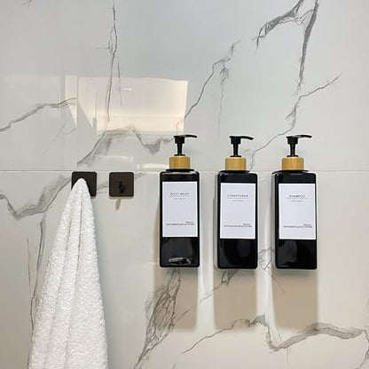 Shampoo and Conditioner Dispenser, No Drill, 16 Waterproof Labels | Shampoo Dispenser for Shower Wall, Shower Soap Dispenser Wall Mounted 3 Chamber, Bathroom, 17oz, Bamboo Black - color: Black Bottle + Bamboo Pump