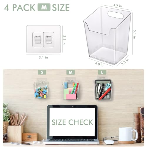 Clear Adhesive Wall Storage Bins 4-Pack Cabinet Door Organizer Cups(Medium) | Clear PET Hanging Wall Mount Pockets, Plastic Caddy for Shower Bathroom Makeup Office Craft Kitchen Sink RV Organization - size: Medium
