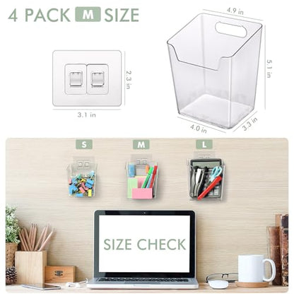 Clear Adhesive Wall Storage Bins 4-Pack Cabinet Door Organizer Cups(Medium) | Clear PET Hanging Wall Mount Pockets, Plastic Caddy for Shower Bathroom Makeup Office Craft Kitchen Sink RV Organization - size: Medium
