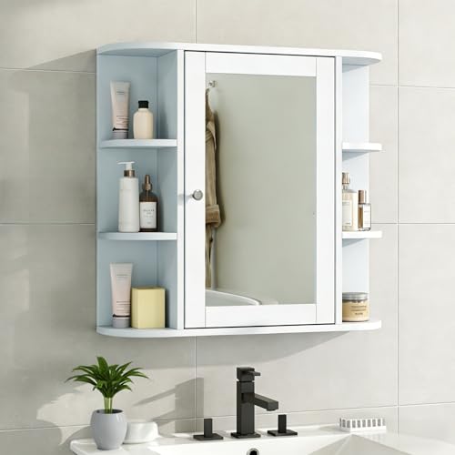 Merax Bathroom Medicine Cabinet, Bathroom Mirror Cabinet Wall Mounted with 6 Side Open Shelves, White Wall Cabinet with Mirror, White - color: White, style: With Mirror
