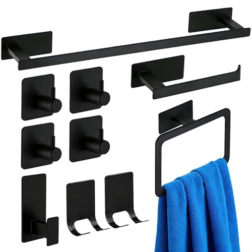 10 Pieces Stainless Steel Bathroom Towel Bar Set Self Adhesive | Matte Black Bathroom Hardware Set, Towel Rack for Bathroom, 16 inch Towel Bar, Robe Hooks, Toilet Paper Holder, Towel Ring