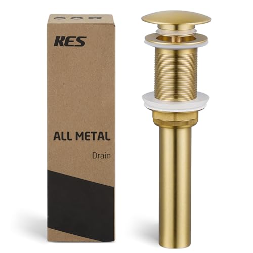 KES Sink Drain Without Overflow Bathroom Pop Up Drain Assembly Stopper Vessel Sink Brushed Gold for 1.6"-1.9" Sink Hole, All Metal Rustproof Brass and 304 Stainless Steel, S2008D-BZ - color: Brushed Gold, style: NO Overflow, 1 Pack