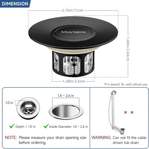 1.4"-2.6" Flip-Cover Bathtub Drain Stopper, 2 Strainers（1,Black） | Flush-fit tool-free drain hair catcher, no springs, rustproof. Press to seal/drain, stops puddles. Durable - color: Flip Black