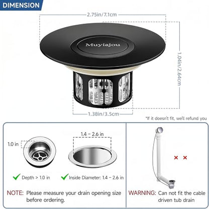 1.4"-2.6" Flip-Cover Bathtub Drain Stopper, 2 Strainers（1,Black） | Flush-fit tool-free drain hair catcher, no springs, rustproof. Press to seal/drain, stops puddles. Durable - color: Flip Black