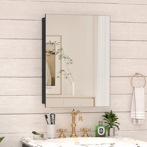20 x 26 Farmhouse Medicine Cabinet for Bathroom, Black Bathroom Mirror with Storage, Tempered Glass, Frameless Recessed or Wall Mount Aluminum Medicine Cabinet - Pre-Assembled - color: Black, size: 20 x 26 IN