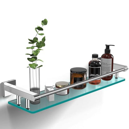 Glass Shelves for Bathroom, 20IN Rectangular Chrome Stainless Steel Tempered Glass Shelf Wall Mount Shelf Sink Over Toilet Modern Bathroom (Chrome Polished, 20‘’) - color: Chrome Polished, size: 20'' with Railing