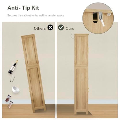 Iwell Tall Narrow Storage Cabinet with 1 Drawer and 2 Doors, Fluted Cabinet with Adjustable Shelves, Rattan Kitchen Cabinet for Bathroom, Living Room, Kitchen, Natural Oak - color: Fluted Natural