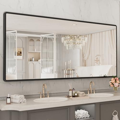 pertetey 77 x 36 in Rounded Rectangle Bathroom Mirror, Black Metal Frame | Black Metal Frame, Rounded Rectangle Design, Tempered Glass, Wall Mounted - size: 77"L x 36"W
