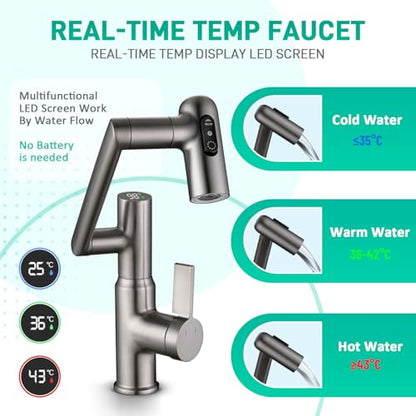 Bathroom Sink Faucet, Rotatable Faucet with Temperature Display in Celsius(Batteries-Free), 1080° Swivel | 3 Water Modes Faucet for Bathroom Kitchen Rv, LCF-2401, Grey - color: Grey - Celsius