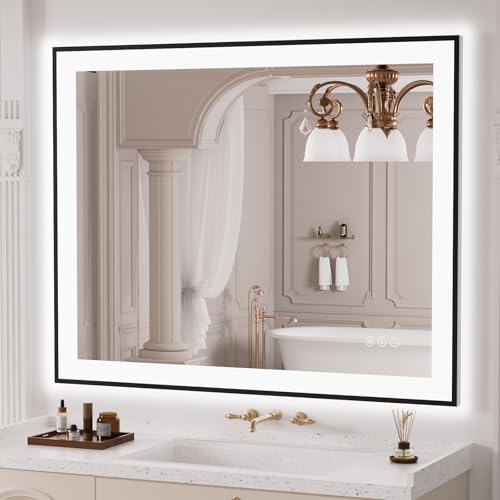 LOAAO 40"X32" LED Bathroom Mirror Black Framed | Anti-Fog, Dimmable, Memory Function, Tempered Glass, Lighted Vanity Mirror for Wall - size: 40"L x 32"W