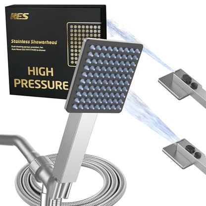 KES 18/8 Stainless Steel Handheld Shower Head High Pressure, Built-in Power Wash to Clean Tub Tile, Patented Auto-Reset Design, 70" Long Hose & Adjustable Brass Joint Holder, Brushed, DP300F18-BS