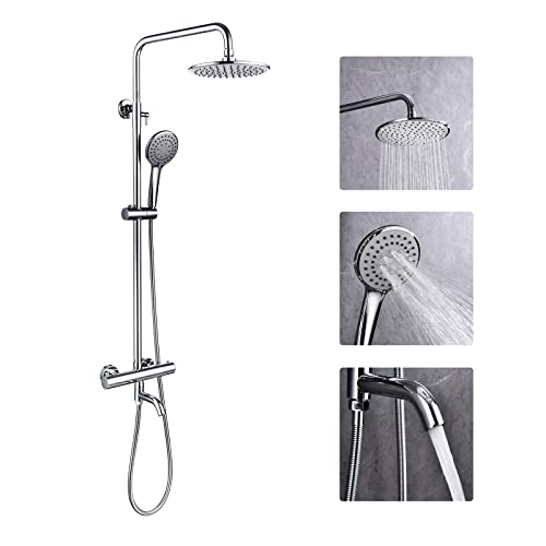 Outdoor Shower Faucet Set 8" Round Shower Head 3 Function Thermostatic Rainfall Shower Faucet Set Handheld Sprayer with Constant Temperature Polished Chrome with Height Adjustable Slide Bar