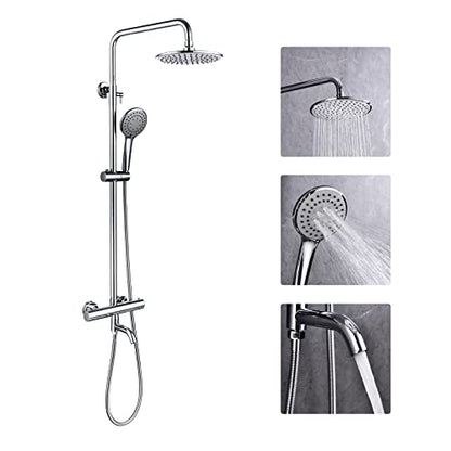 Outdoor Shower Faucet Set 8" Round Shower Head 3 Function Thermostatic Rainfall Shower Faucet Set Handheld Sprayer with Constant Temperature Polished Chrome with Height Adjustable Slide Bar