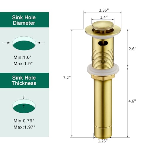 CREA Gold Bathroom Sink Drain Stopper,Pop Up Sink Drain Stopper Bathroom Sink with Overflow,Vessel Sink Drain Plug with Anti-Clogging Strainer Pop Up Drain Stopper Kit All Metal Stailess Steel - color: Gold Brushed