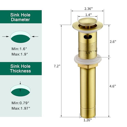 CREA Gold Bathroom Sink Drain Stopper,Pop Up Sink Drain Stopper Bathroom Sink with Overflow,Vessel Sink Drain Plug with Anti-Clogging Strainer Pop Up Drain Stopper Kit All Metal Stailess Steel - color: Gold Brushed