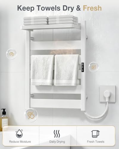 6-Bar Wall Mounted Heated Towel Rack, 170°F Heating White | Bathroom Towel Warmer with Top Shelf, Memory Function, Adjustable 110–170°F Temperature, 2–12H Timer, Space Saving Design - color: White, size: ZW 6-Bars