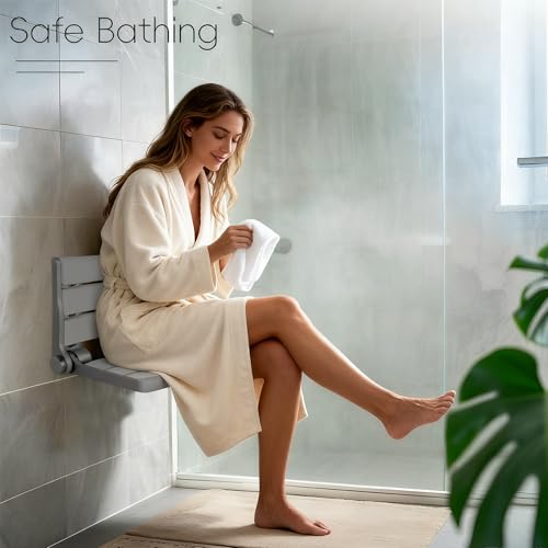 Wall Mounted Shower Seat – 16IN Teak Fold Down Shower Seat for Elderly, Disabled & Pregnant Women – Sturdy Shower Benches for Inside Shower with 400LB Capacity – 2026 Premium White Shower Bench - color: White