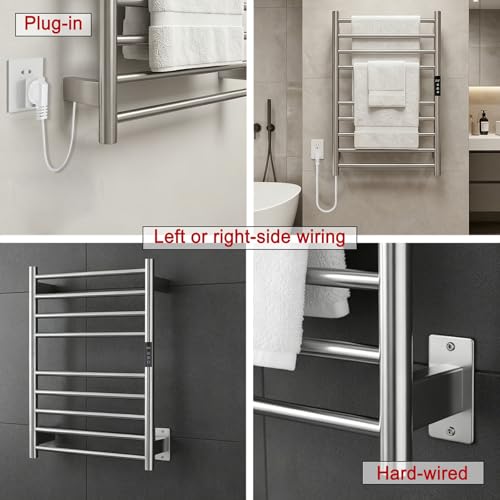Electric Towel Warmer Rack Wall Mounted, Brushed Stainless Steel | for Bathroom, 9 Bars with Timer and Smart Control, Left or Right Side Plug-in/Hardwired, 304 Stainless Steel Brushed Nickel - color: Brushed Stainless Steel