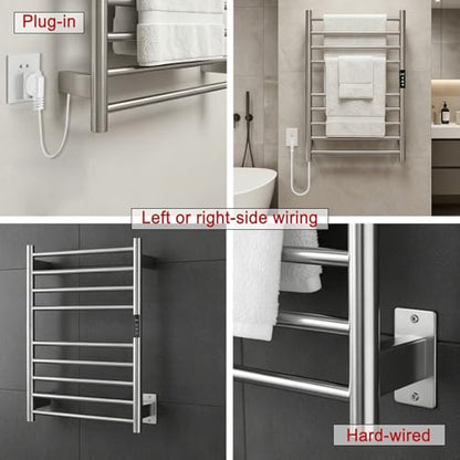 Electric Towel Warmer Rack Wall Mounted, Brushed Stainless Steel | for Bathroom, 9 Bars with Timer and Smart Control, Left or Right Side Plug-in/Hardwired, 304 Stainless Steel Brushed Nickel - color: Brushed Stainless Steel