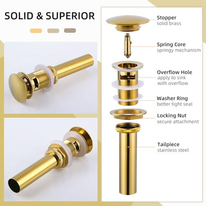 Angle Simple Bathroom Sink Drain Stopper, Pop Up Design, Polished Deep Gold | Brass Stopper with Stainless Steel Tailpiece, Only for Sink with Overflow Hole, Fit 1.61 to 2 Inches Diameter of Drain Hole - color: Deep Titanium Gold